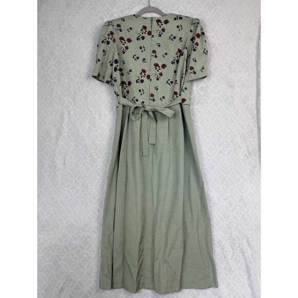 Vtg Puff Sleeve Tea Dress 8 Green Cottage Modest Grandma Prairie Garden 80s 90s - Picture 6 of 15